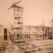 One of the steam-driven rail-mounted cranes. The mobile arm was capable of lifting blocks weighing up to 5 tons to a height of 80 feet.